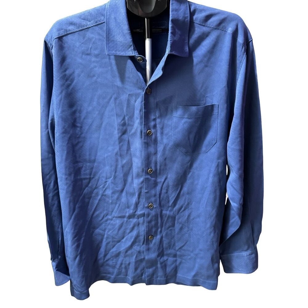 Tommy Bahama Mens Button Up Down Silk And Wool Large Blue Long Sleeve